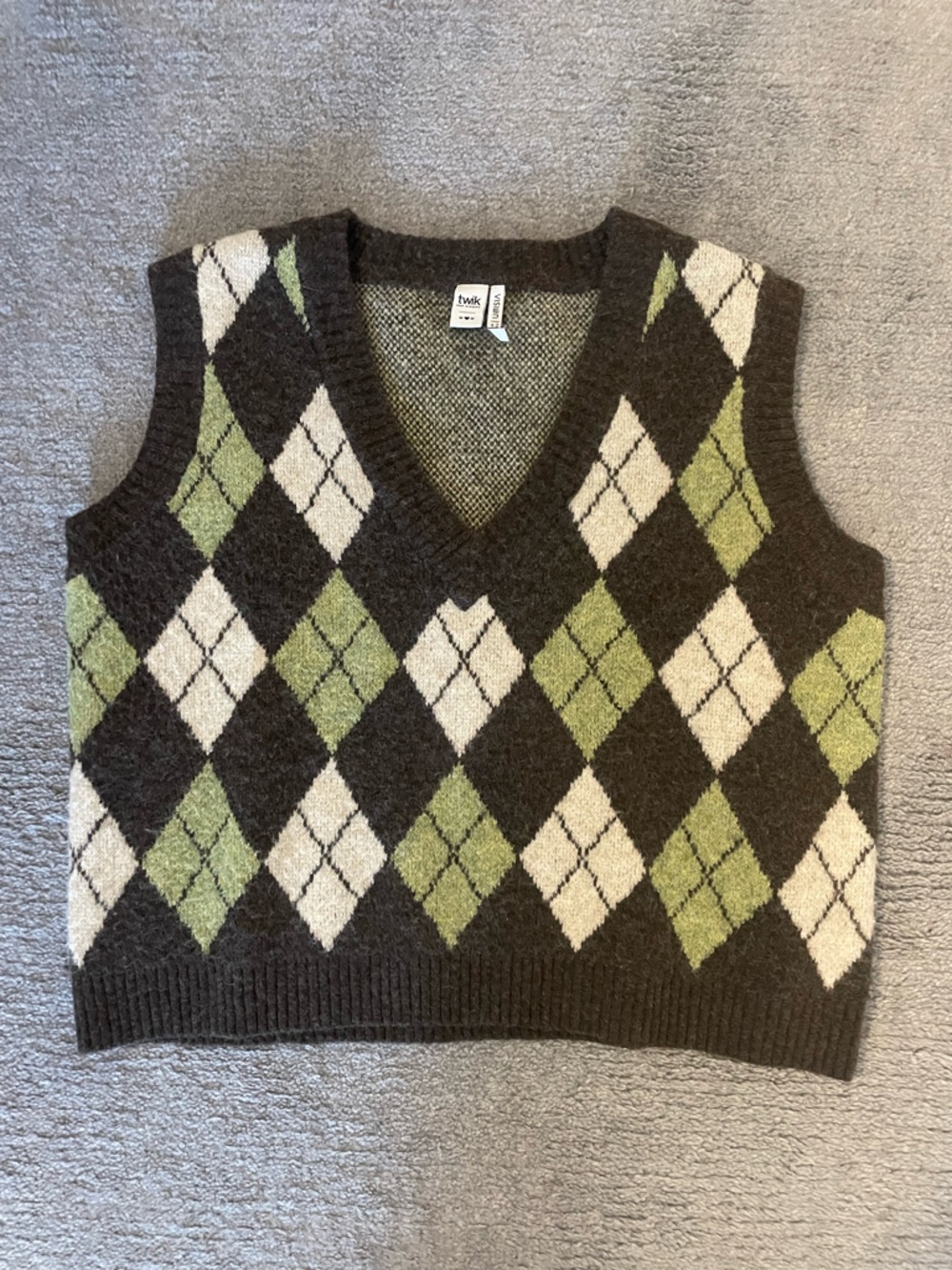 twik Olive Green and Cream Argyle Knit Vest